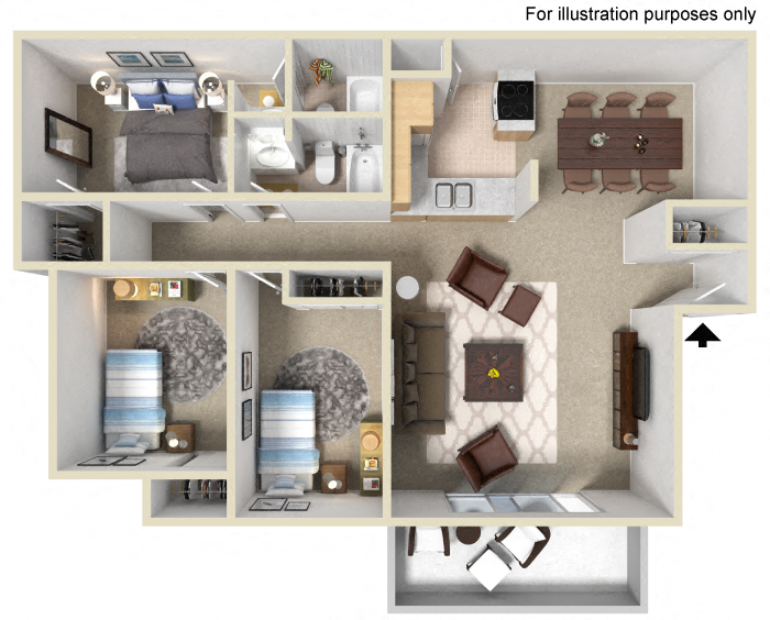 Floor plan for 3 beds, 2 baths, 1050 sqft